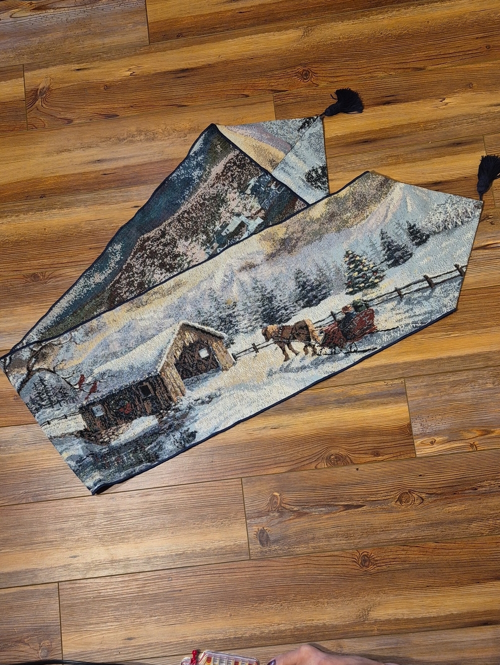 Nicky Boehme Winter Scene / Covered Bridge 69" Tapestry Table Runner